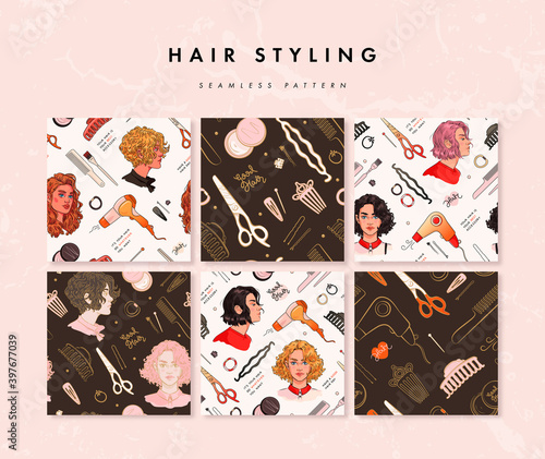 Set of seamless pattern with hairdresser tools and beauty woman portraits