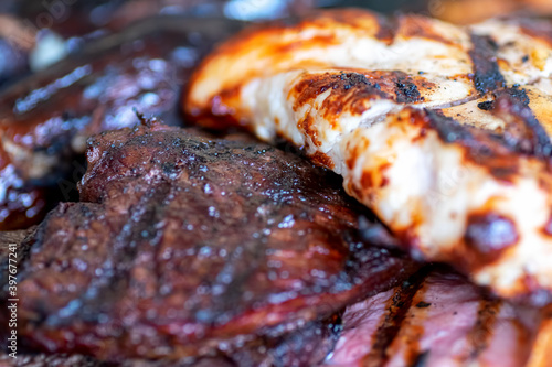 Closeup image of a mixed grill, various meats