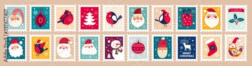 Christmas decorative set with funny Santa Claus, snowman, deer and gift box.
