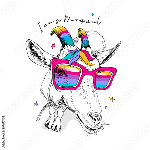 Fun Goat in a rainbow glasses, with a unicorn horns and with a colored bangs. I am so Magical - lettering quote. Humor card, t-shirt composition, hand drawn style print. Vector illustration.