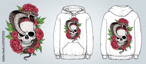 Skull, cobra snake and flowers hand drawn illustration. Tattoo vintage print. Hand drawn floral print. Tattoo design. Great for hoodie design