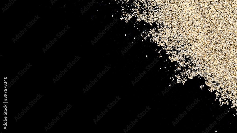 Desert pile sand isolated on black. Dust heap beach texture on shore background. Travel concept in minimal style.