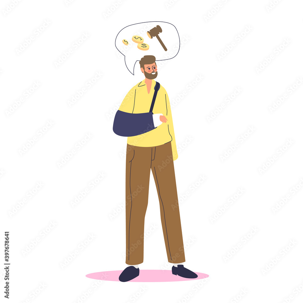 Man with broken arm in bandage looking for disability allowance payment Man with broken arm in bandage looking for disability allowance payment