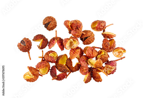 Sichuan Pepper Top View. Also Known as Szechuan Pepper, Szechwan Pepper, Chinese Prickly Ash, Chinese, Rattan, or Mala Pepper. Isolated on White Background. photo