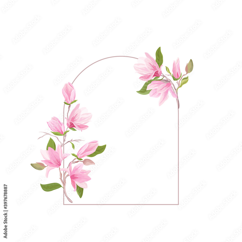Boho magnolia flower watercolor template, Floral wedding frame. Invitation greeting vector card