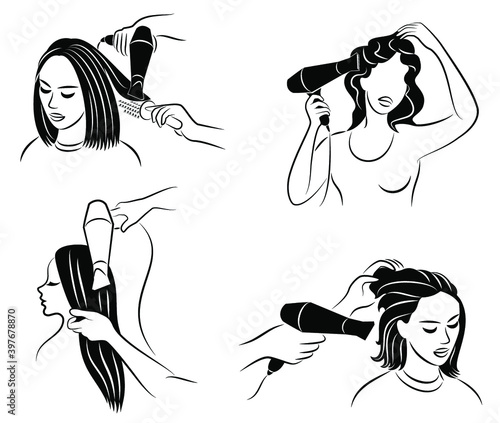 Collection. Silhouette of a lady. The girl combs her hair with a comb. The lady is drying her long hair with a hairdryer. Set of vector illustrations.