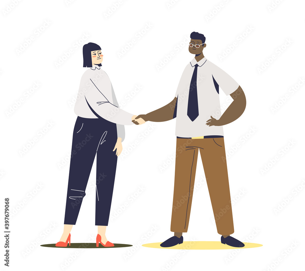 Businessman and businesswoman shaking hands. New partners handshake or boos greeting new hire