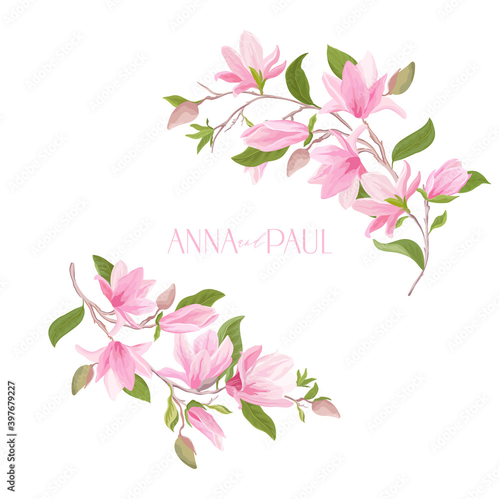 Floral Wedding frame, boho magnolia flower watercolor template. Invitation greeting vector card