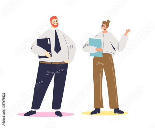 Businessman and businesswoman talking. Business conversation of two cartoon businesspeople
