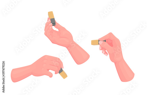 Set of Hands with Rubber Eraser Isolated on White Background. Tools for Deleting Information from Paper. Office Supplies