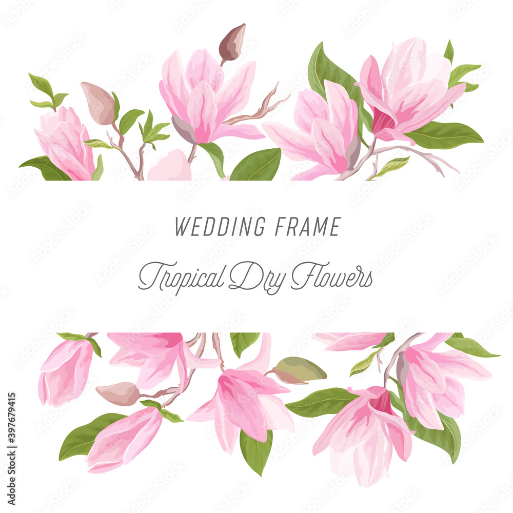 Watercolor exotic floral border with magnolia flowers, leaves, blossom. Wedding vector frame illustration