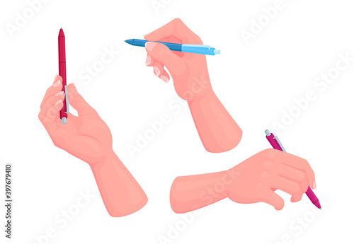 Set of Human Hands with Writing Tools, Colorful Pens Office Supplies or Stationery Isolated. Writing, Drawing Instrument