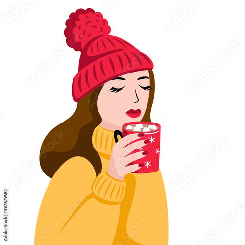 A beautiful young girl in a winter hat drinks hot cocoa with marshmallows. Vector.