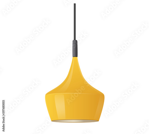 Realistic Hanging Lamp with Yellow Stylish Lampshade. Modern Chandelier with Light Bulb, Lamp with Metal or Glass Shade
