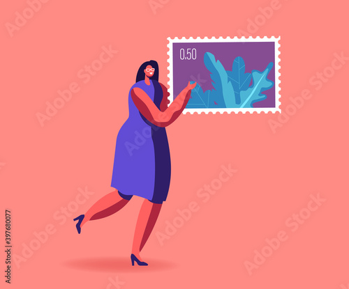 Woman Engage in Philately Concept. Tiny Female Philatelist Character Carry Huge Postmark in Hands. Collecting Stamps
