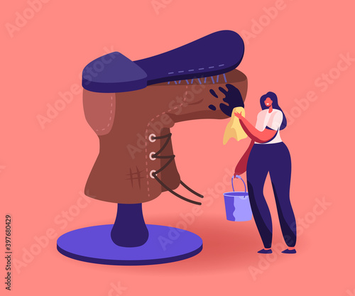 Tiny Shoemaker Character Repair Huge Worn Boot Remove Dirt, Master in Workshop Fixing Broken Shoe. Repairing Business