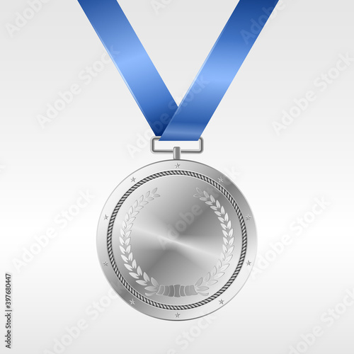 Realistic silver medal on blue ribbon: award for second place in competition