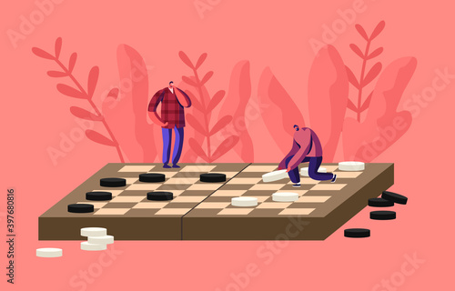 Boardgame Intelligence Recreation, Hobby Concept. Tiny Male Characters Playing Huge Checkers Moving Pieces on Wood Field