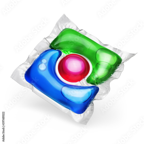 Laundry detergent pod isolated on white background photo