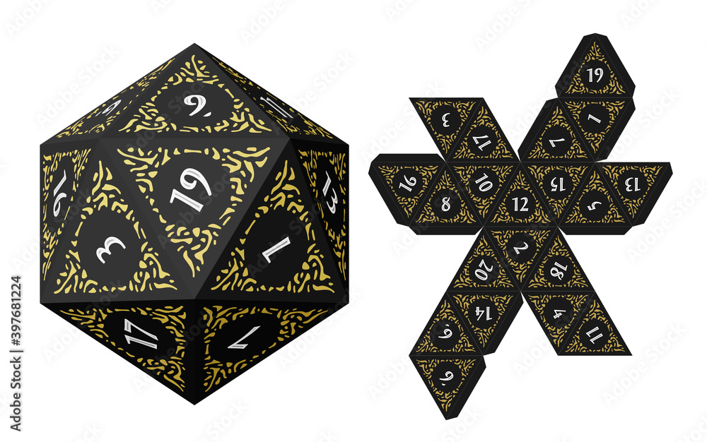 D20 Isometric Dice for Boardgames With Paper Unwrap Template Stock D20 Isometric Dice for Boardgames With Paper Unwrap Template Stock