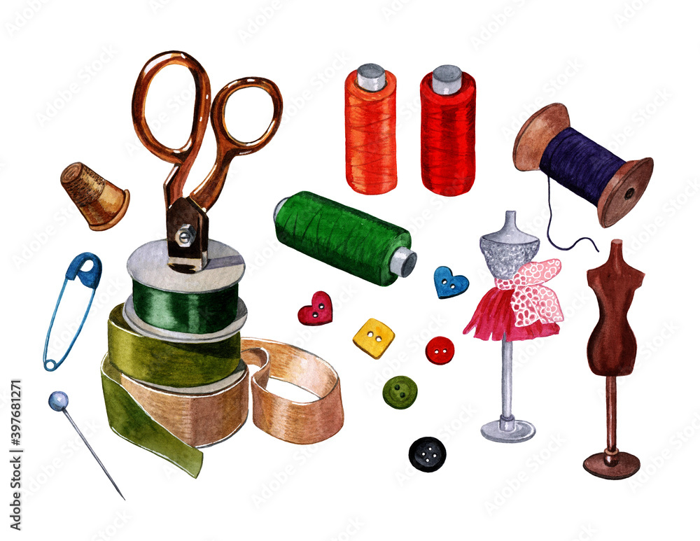 Watercolor sewing kit with mannequins, scissors, thread, buttons, pins