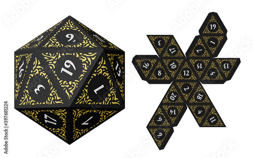 D20 Isometric Dice for Boardgames With Paper Unwrap Template