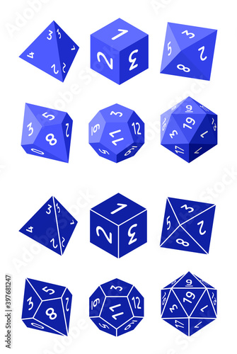 D4, D6, D8, D10, D12, and D20 Isometric Dice for Boardgames in Flat and Glyph Styles