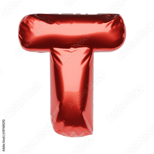 Letter T made of red balloon isolated on white. 3D rendering illustration.