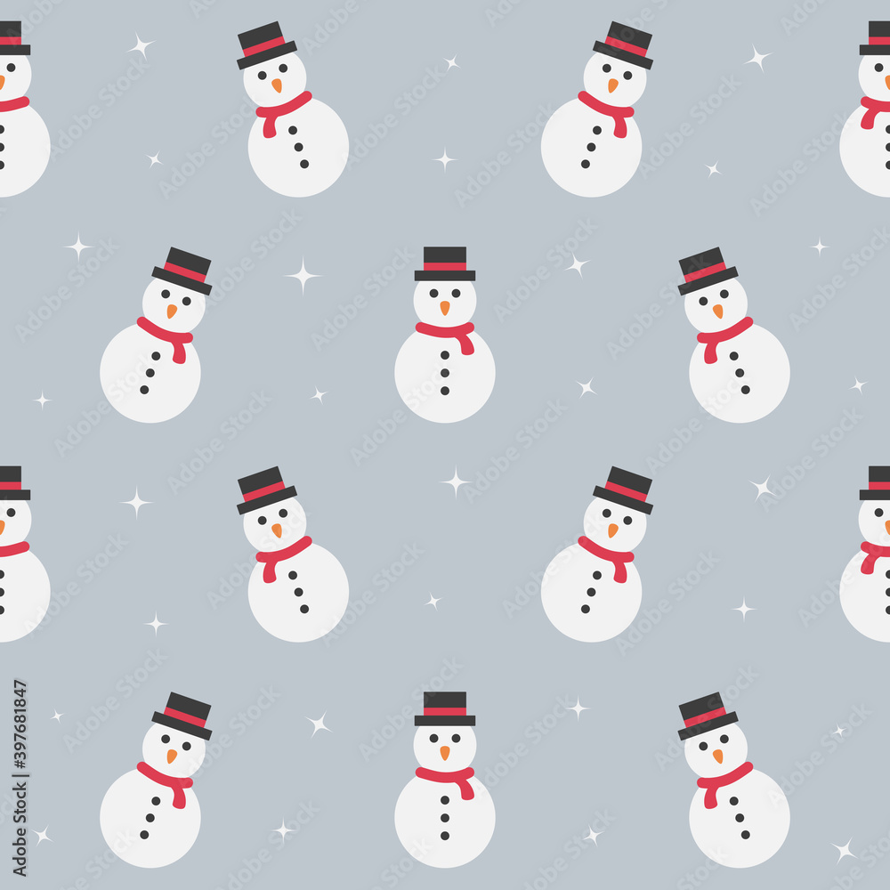 Snowman with hat and scarf - seamless pattern. Winter background. Vector illustration.