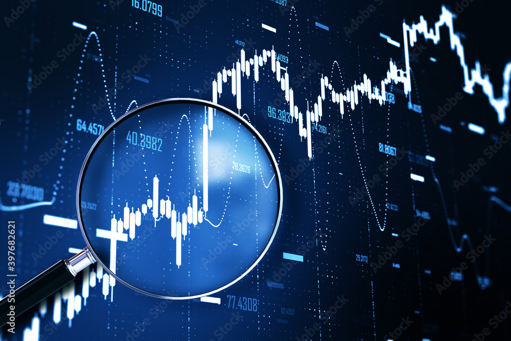 Obraz premium Magnifying glass with forex chart. F