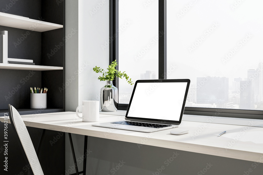 Workplace with laptop in home office. Workplace with laptop in home office.