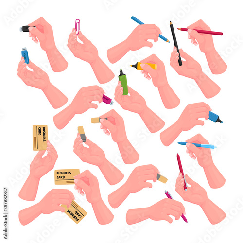 Set of Human Hands with Business Card  Writing Tools Markers  Pen  Pencil and Eraser. Office Supplies or Stationery