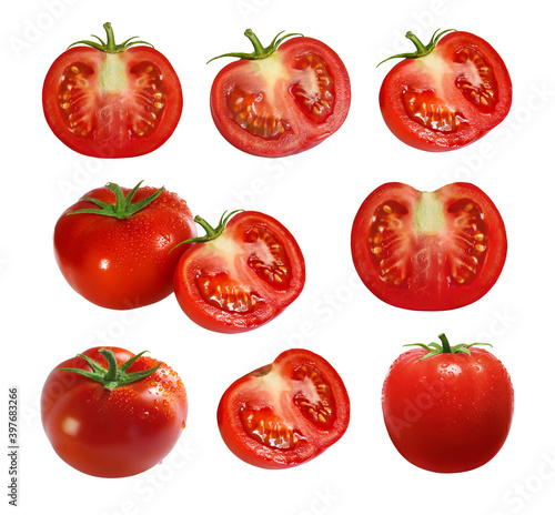 Set of red fresh tomatoes in drops of water and slices isolated on white background. Summer vegetables for packaging design of juice, sauces, vegetable smoothies, preservation, sun-dried tomatoes