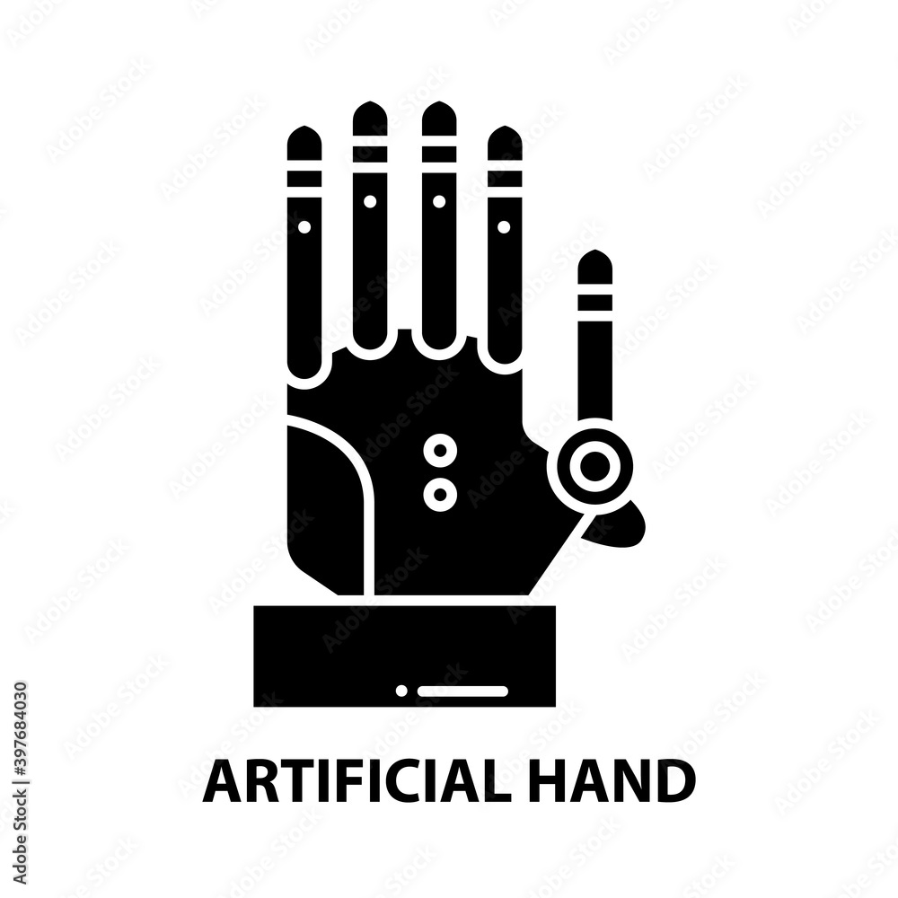 artificial hand icon, black vector sign with editable strokes, concept illustration artificial hand icon, black vector sign with editable strokes, concept illustration