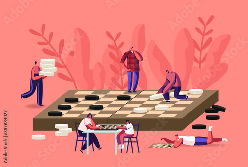 Boardgame Intelligence Recreation, Leisure or Family Hobby Concept with Tiny Characters Playing Huge Checkers Board Game