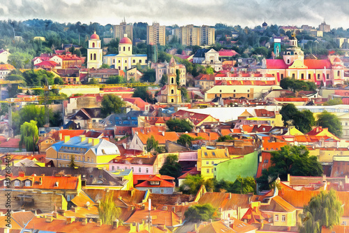 Aerial view on Vilnius colorful painting looks like picture, Lithuania.