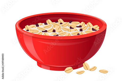Breakfast with Cereals, Chocolate and Milk in Red Ceramic Bowl, Healthy Food Concept. Plate with White Liquid and Flakes
