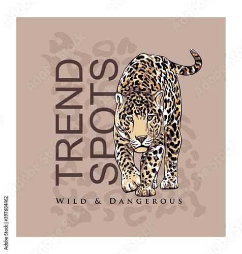 Graceful leopard and fan palm leaf. Wild & Dangerous - lettering quote. Elegant poster, t-shirt composition, hand drawn style print. Vector illustration.