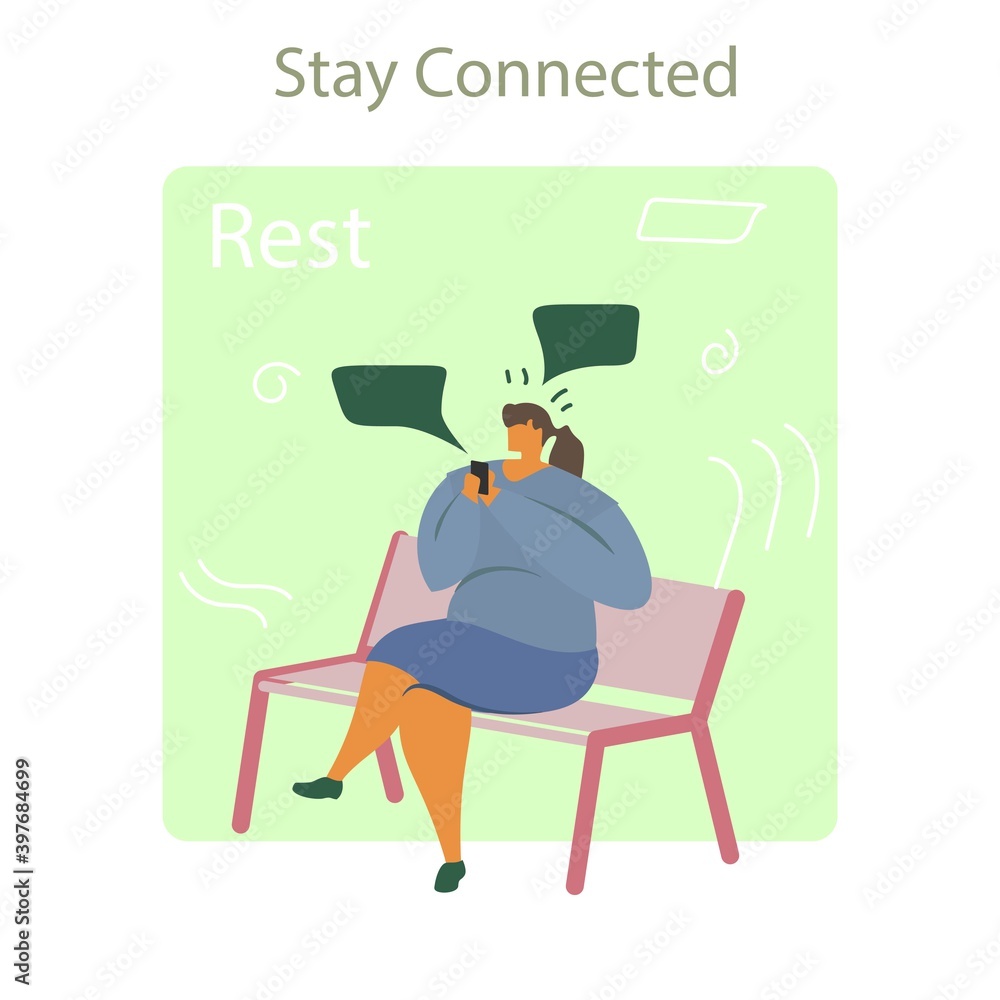White Woman Stay Connected sit Park. Social Network Landing Page Template. Young Man Flat Characters Chatting Using Smartphone Website Web Page. Virtual Communication Concept Flat Flat illustration