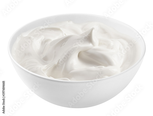 sour cream in bowl, mayonnaise, yogurt, isolated on white background, clipping path, full depth of field
