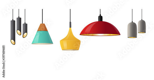 Set of Realistic Hanging Lamps with Stylish Bizarre Lampshades. Modern Chandeliers with Light Bulb, Lamps with Shades
