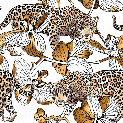 Seamless floral pattern. Gold Jaguar and Orchid flowers on a white background. Textile composition, hand drawn style print. Vector illustration.