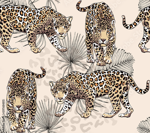 Seamless pattern with a different wild leopards, palm leaves and spots of skin on a beige background. Textile composition, hand drawn style print. Vector illustration.