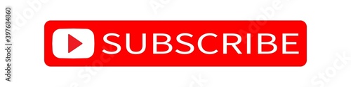 Subscribe to channel. Red frame with inscription and play symbol pointer to membership in fashion blog and your popular site watching videos and news from your favorite online vector author.