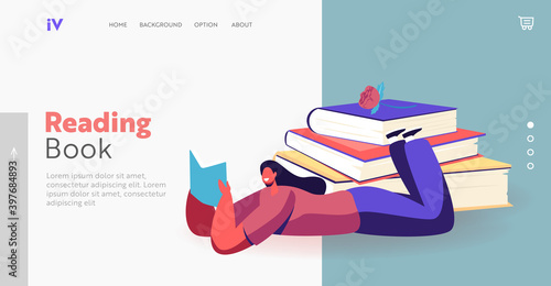 Female Character Reading Literature Lying near Huge Books Pile Landing Page Template. Young Woman Spend Time in Library