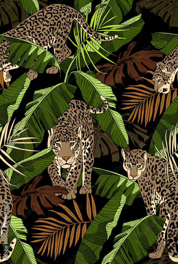 Camouflage Seamless pattern. Leopards and a Tropical banana, exotic palm leaves. Textile composition, hand drawn style print. Vector illustration.