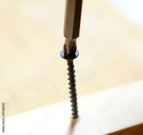 the black self-tapping screw is screwed in with an electric screwdriver. home renovation concept photo