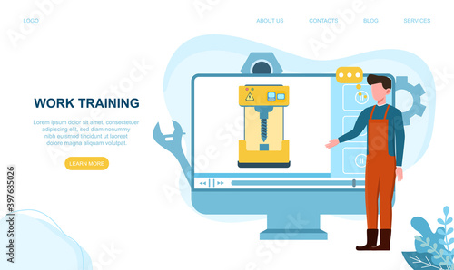 Turner or lathe online service. Concept of online platform for factory worker to learn from tutorials using turning machine. Metalworking and industrial manufacturing. Website, web page template