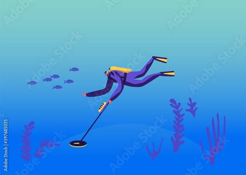Diver Character in Scuba Diving Costume Research Ocean Bottom with Metal Detector Searching Sunken Treasures Hobby