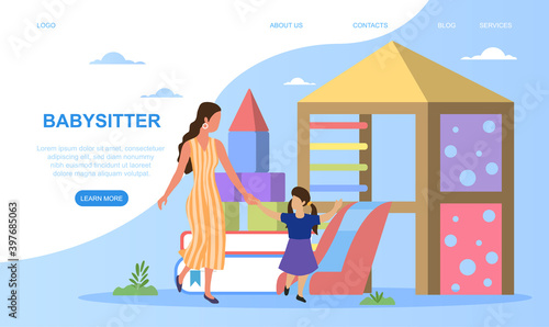 Service for babysitters. Concept of online platform for In-home babysitter. Woman taking care of baby, playing with child. Web page, web site, landing page template. Flat cartoon vector illustration